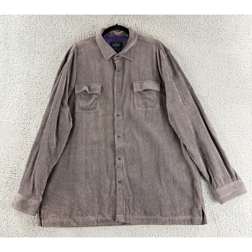 Nat Nast Corduroy Button Down Shirt Men XXL Grey Brown Long Sleeve Luxury Ribbed